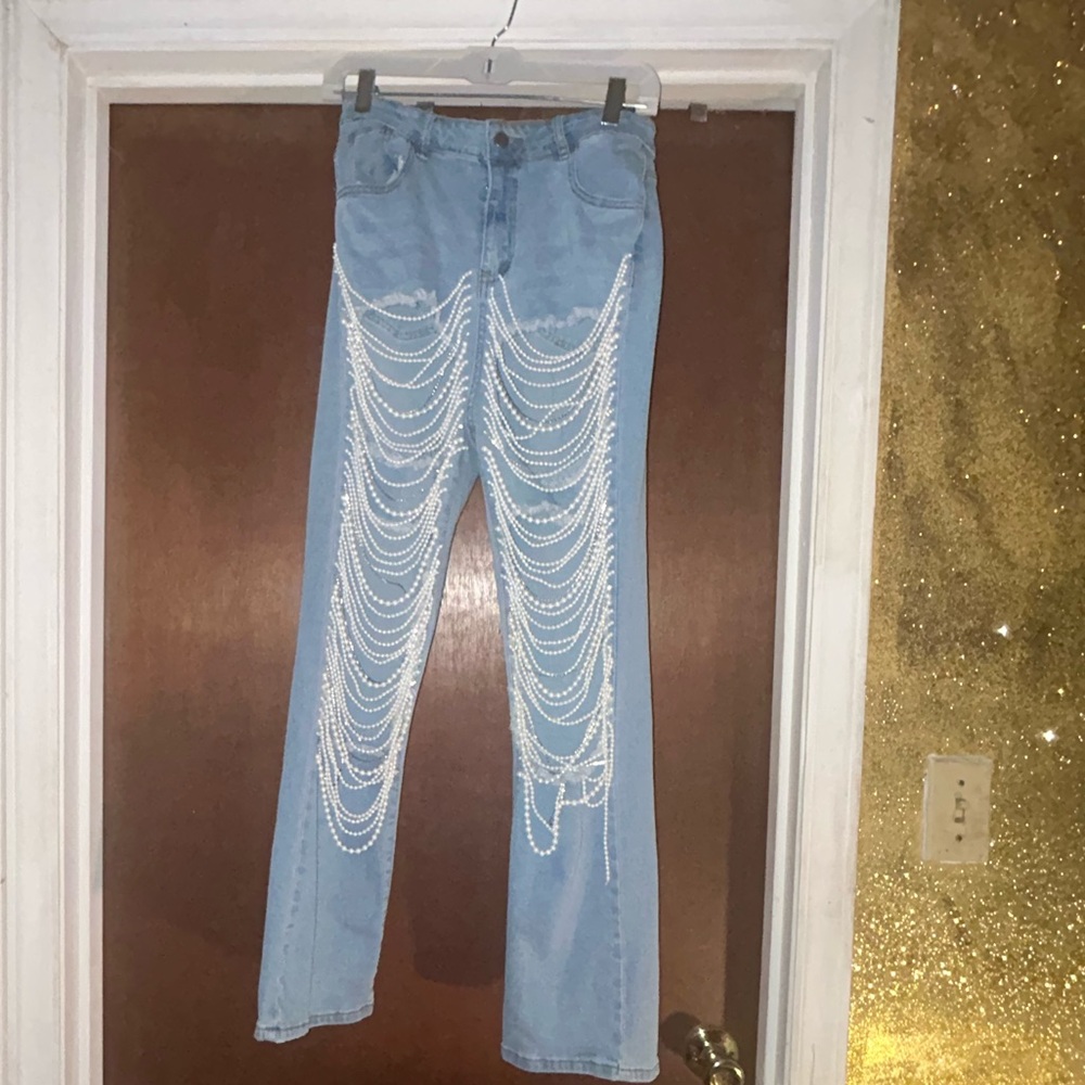 Women's Blue Straight Leg Jeans with White Embellishments